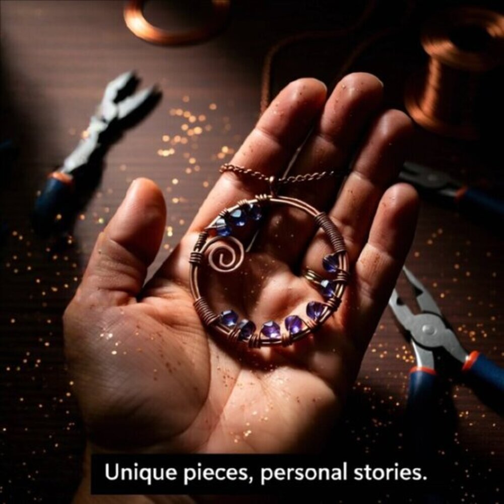 Handmade & Wire Wrapped! Bohemian Crystal Studded Copper Circle Pendant + Chain!